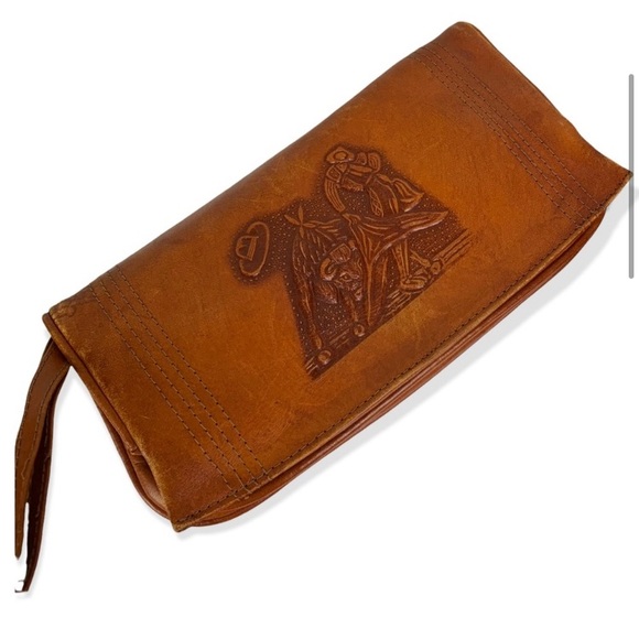 Vintage Women’s Leather Cognac Hand Tooled Rodeo Bull Rider Wallet | Mini Bag - Picture 3 of 6